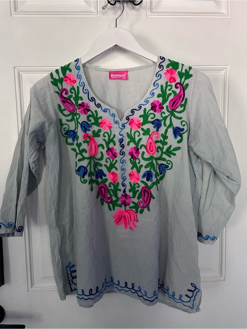 Savvy Light Gray Embroidered V-Neck Tunic with Pink, Green & Blue Floral Detail
